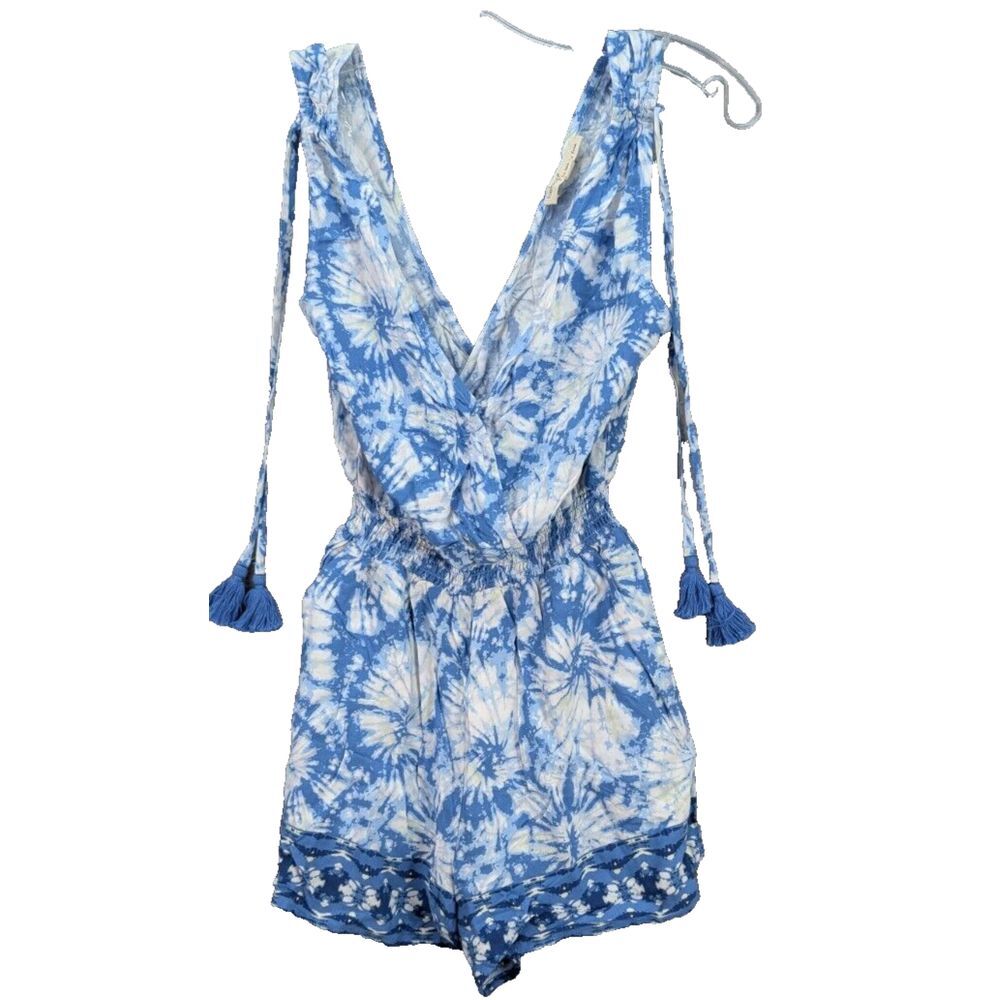 Bebop Blue White Tie Dye Sleeveless Boho Romper Jumper Tasseled Stretch Sz S NWT